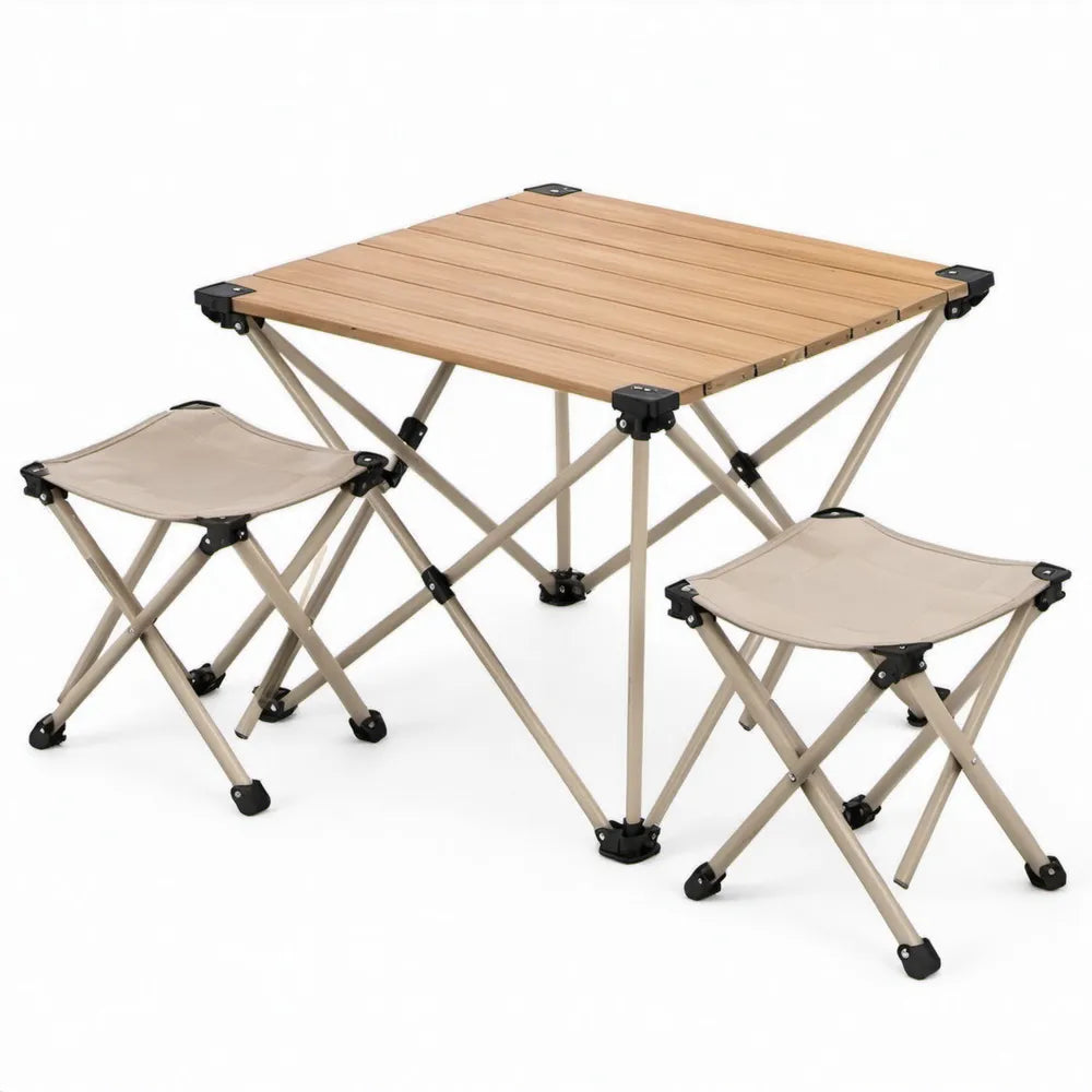 Opvouwbare campingtafelset met 2 krukken, 90 x 60 x 45 cm, beige/lichtbruin/zwart