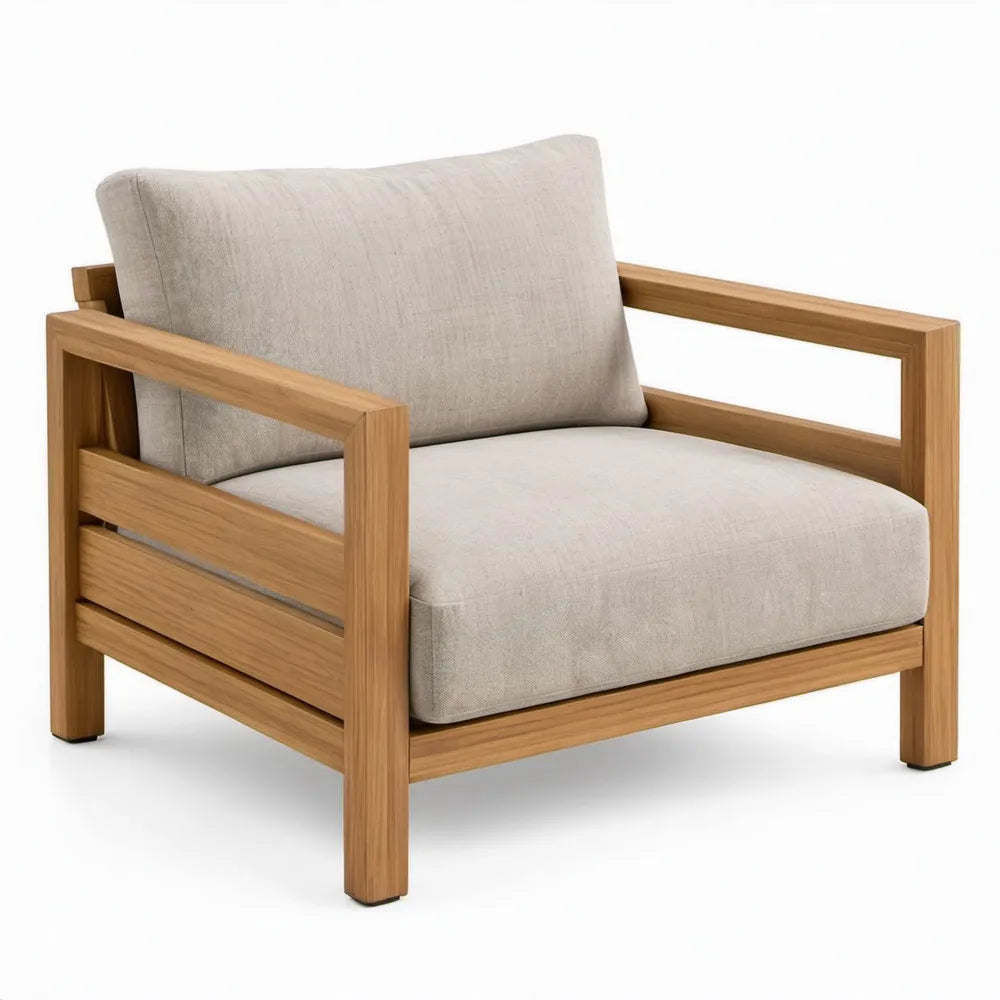 Teakhouten tuinfauteuil met beige polyester kussens, 85 x 80 x 75 cm