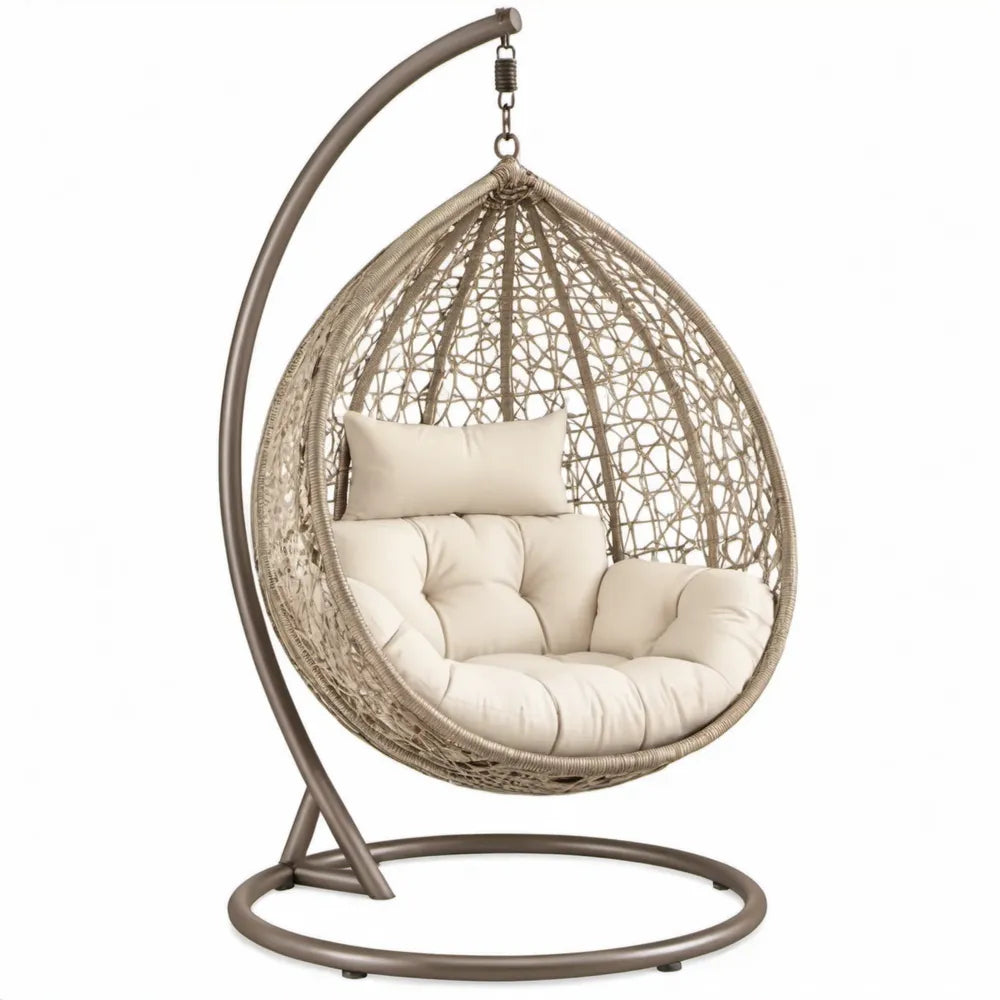 Druppelvormige hangstoel met standaard, PE-rattan, taupe/crème, 105 x 105 x 195 cm