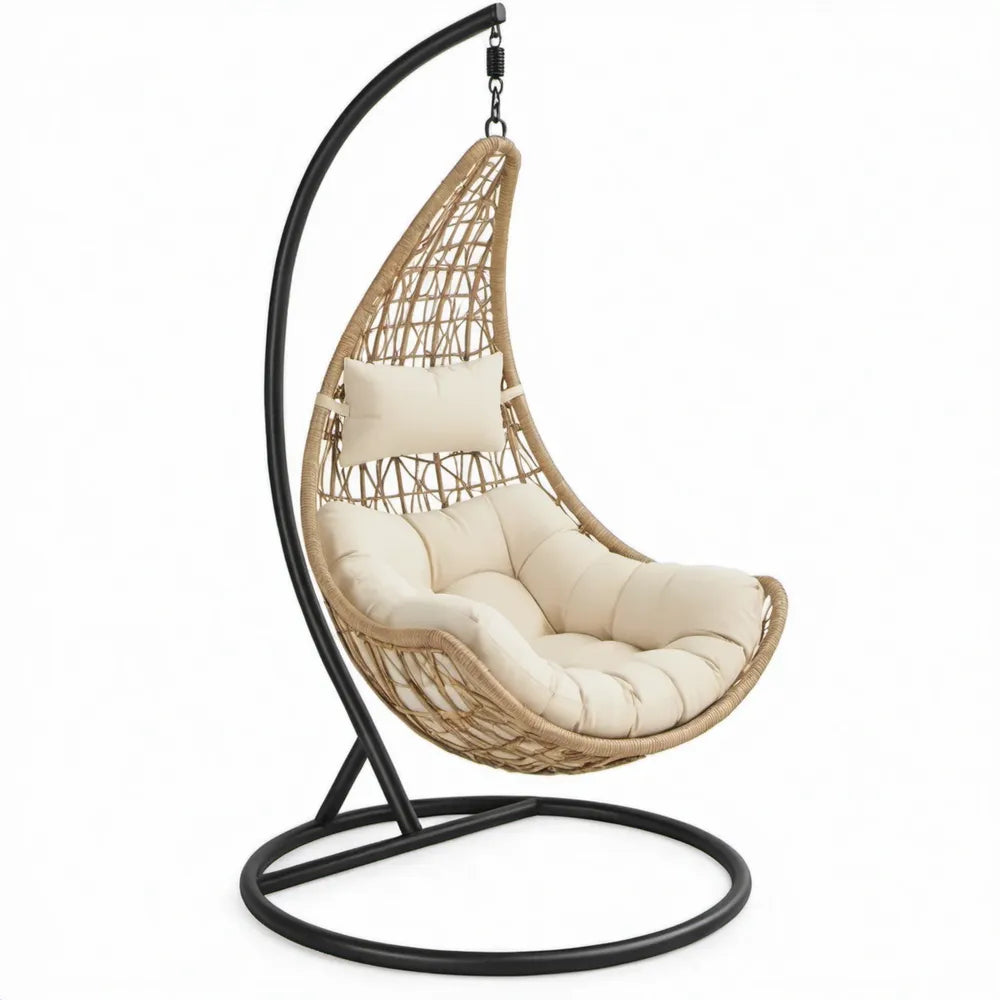 Hangstoel met standaard van PE-rotan, 95 x 95 x 195 cm, zwart/naturel/crème