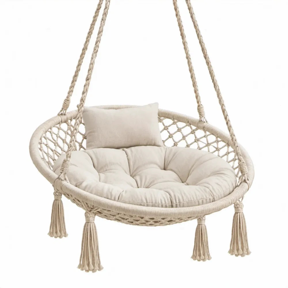 Ronde macramé hangstoel met kussens, beige/gebroken wit, 80 x 80 x 120 cm