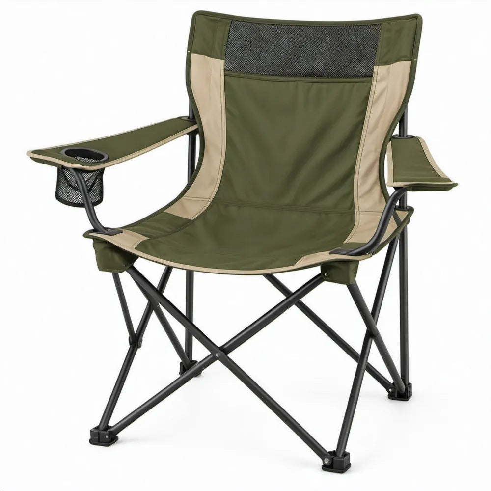 Opvouwbare campingstoel met bekerhouder en opbergvak, 90 x 60 x 95 cm, Olijfgroen/Beige/Zwart
