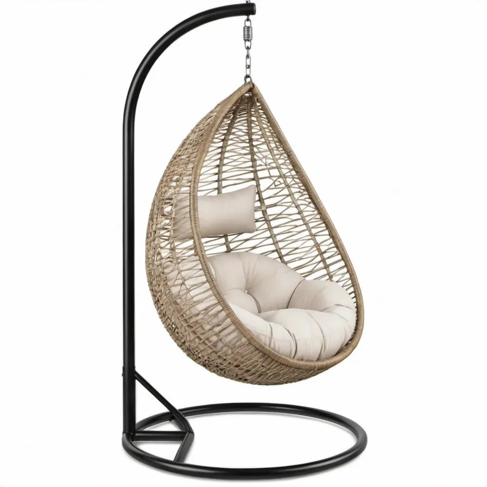Eivormige hangstoel met standaard 95 x 95 x 195 cm Zwart/Naturel/Crème