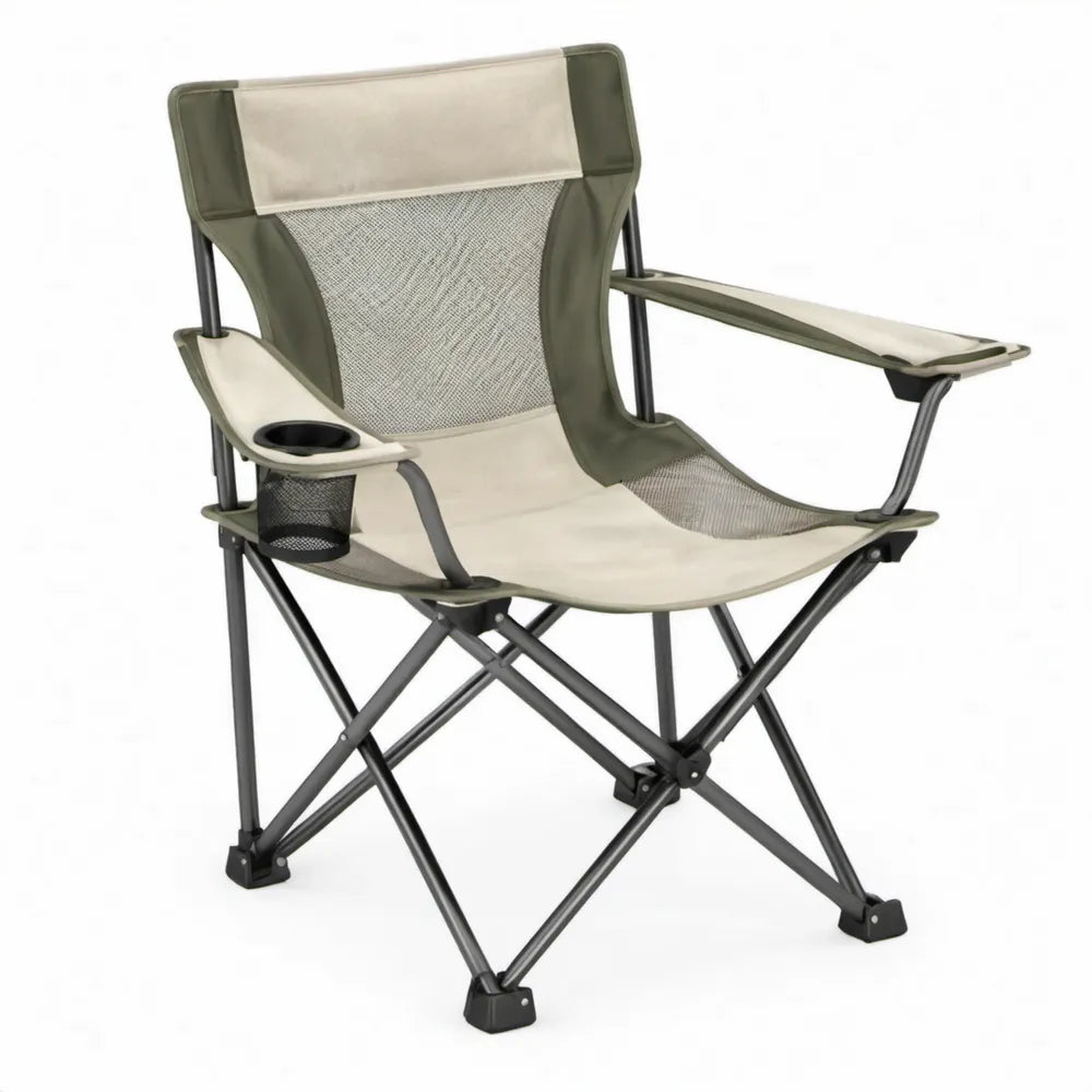 Opvouwbare campingstoel met bekerhouder en X-frame, 60 x 60 x 95 cm, beige/olijfgroen/zwart