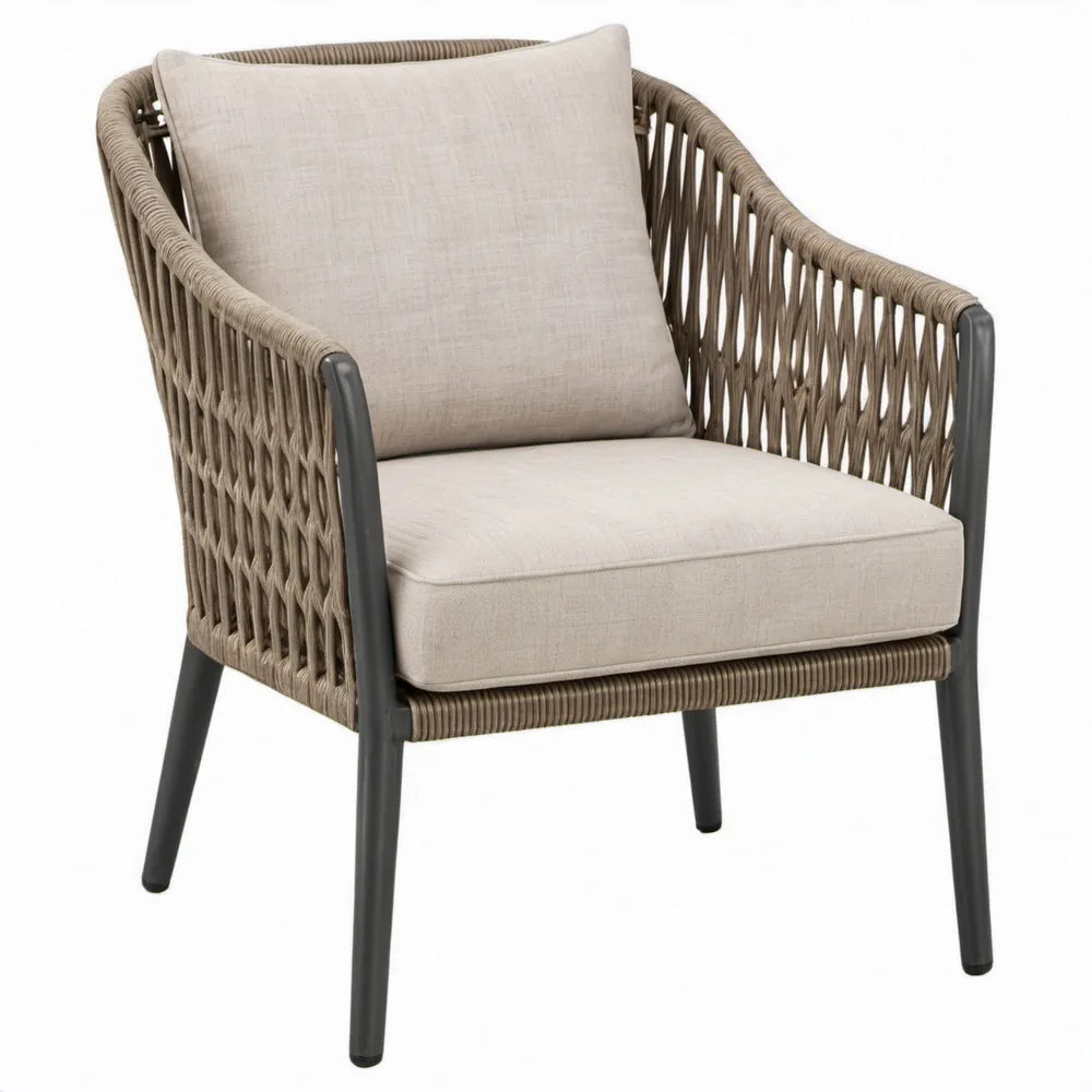 Terrasstoel met armleuningen en kussens, beige/taupe/antraciet, 68 x 74 x 82 cm