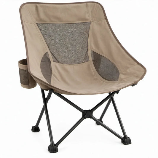 Inklapbare stoel met bekerhouder, beige polyester en zwart stalen frame, 80 x 75 x 95 cm