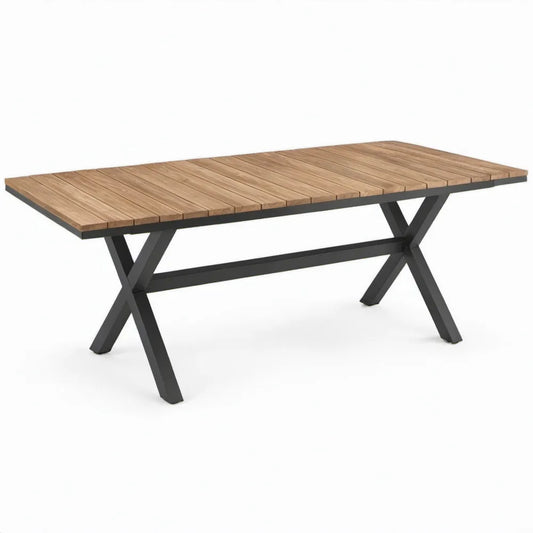 Rechthoekige tuintafel 200 x 90 x 75 cm van naturel acaciahout met zwart gepoedercoat stalen onderstel
