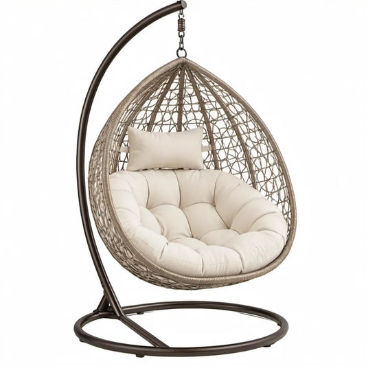 Eivormige hangstoel met standaard en kussens, 105 x 105 x 195 cm, taupe/crème/donkerbruin