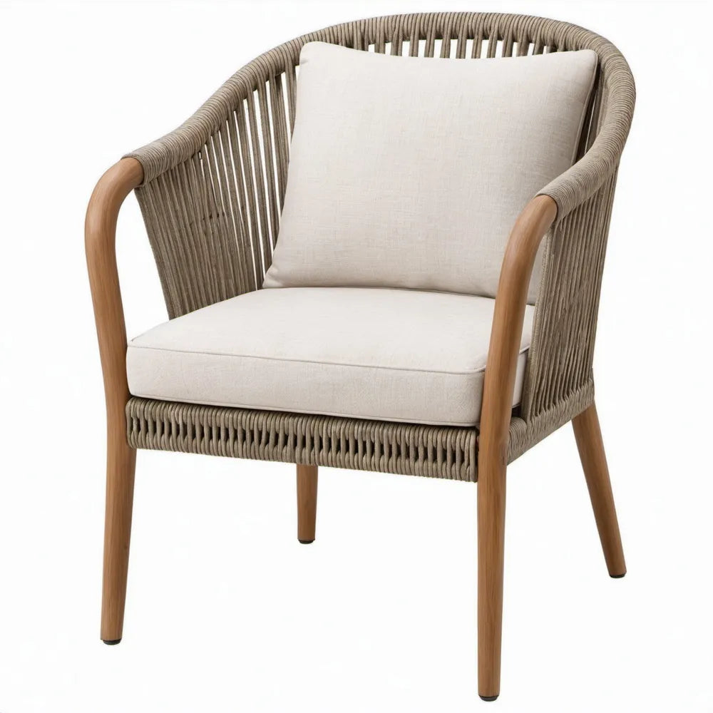 Tuinstoel met armleuningen, acaciahout en gevlochten touw, 62 x 60 x 81 cm, Naturelbruin/Taupe/Beige