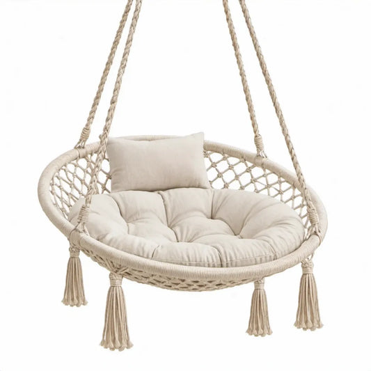 Ronde macramé hangstoel met kussens, beige/gebroken wit, 80 x 80 x 120 cm