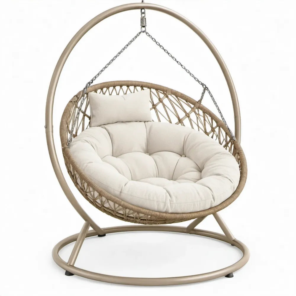 Ronde hangstoel met standaard, 105 x 105 x 195 cm, beige en crèmewit