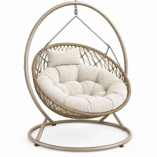 Ronde hangstoel met standaard, 105 x 105 x 195 cm, beige en crèmewit