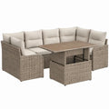 5-delige hoekloungeset met tafel en 2 krukken, 220 x 220 cm, taupe/crème/bruin