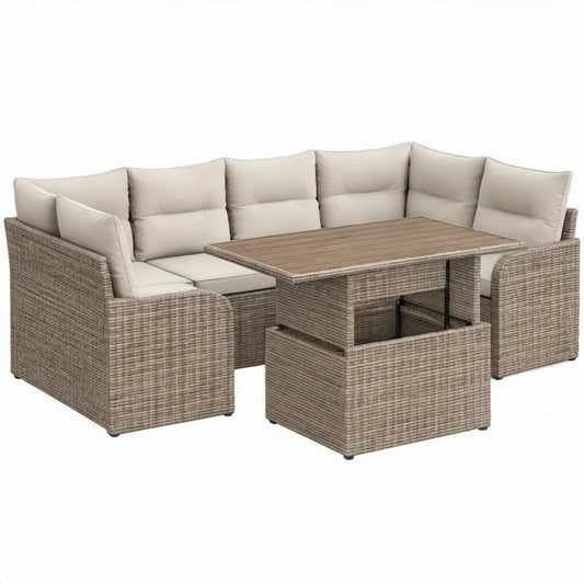 5-delige hoekloungeset met tafel en 2 krukken, 220 x 220 cm, taupe/crème/bruin