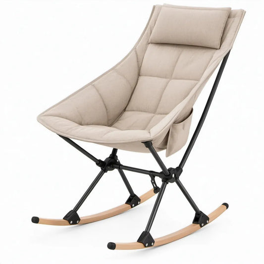 Opvouwbare schommelstoel met hoofdsteun en opbergvak, beige/zwart/naturel, 95 x 73 x 100 cm