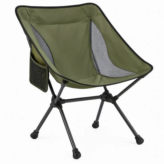 Opvouwbare campingstoel van olijfgroen polyester met zwart stalen frame, 54 x 50 x 66 cm