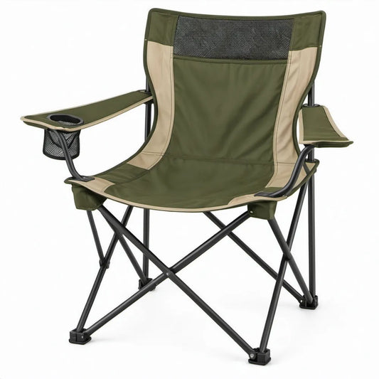 Opvouwbare campingstoel met bekerhouder en opbergvak, 90 x 60 x 95 cm, Olijfgroen/Beige/Zwart
