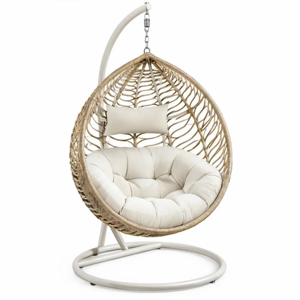 Beige en witte hangstoel met standaard, 105 x 105 x 195 cm