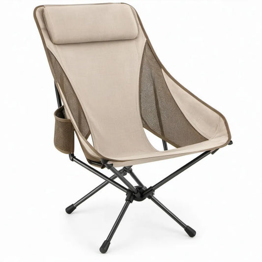Opvouwbare beige tuinstoel met hoofdsteun, zijvak en stalen frame, 60 x 80 x 98 cm