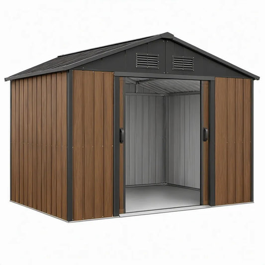 Metalen tuinhuis met dubbele schuifdeuren, 257 x 202 x 181 cm, Bruin/Antraciet/Grijs