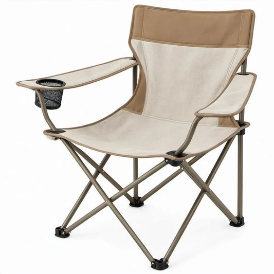 Opvouwbare campingstoel met hoge rugleuning, armleuningen en bekerhouder – Beige/Bruin/Zwart – 60 x 60 x 95 cm