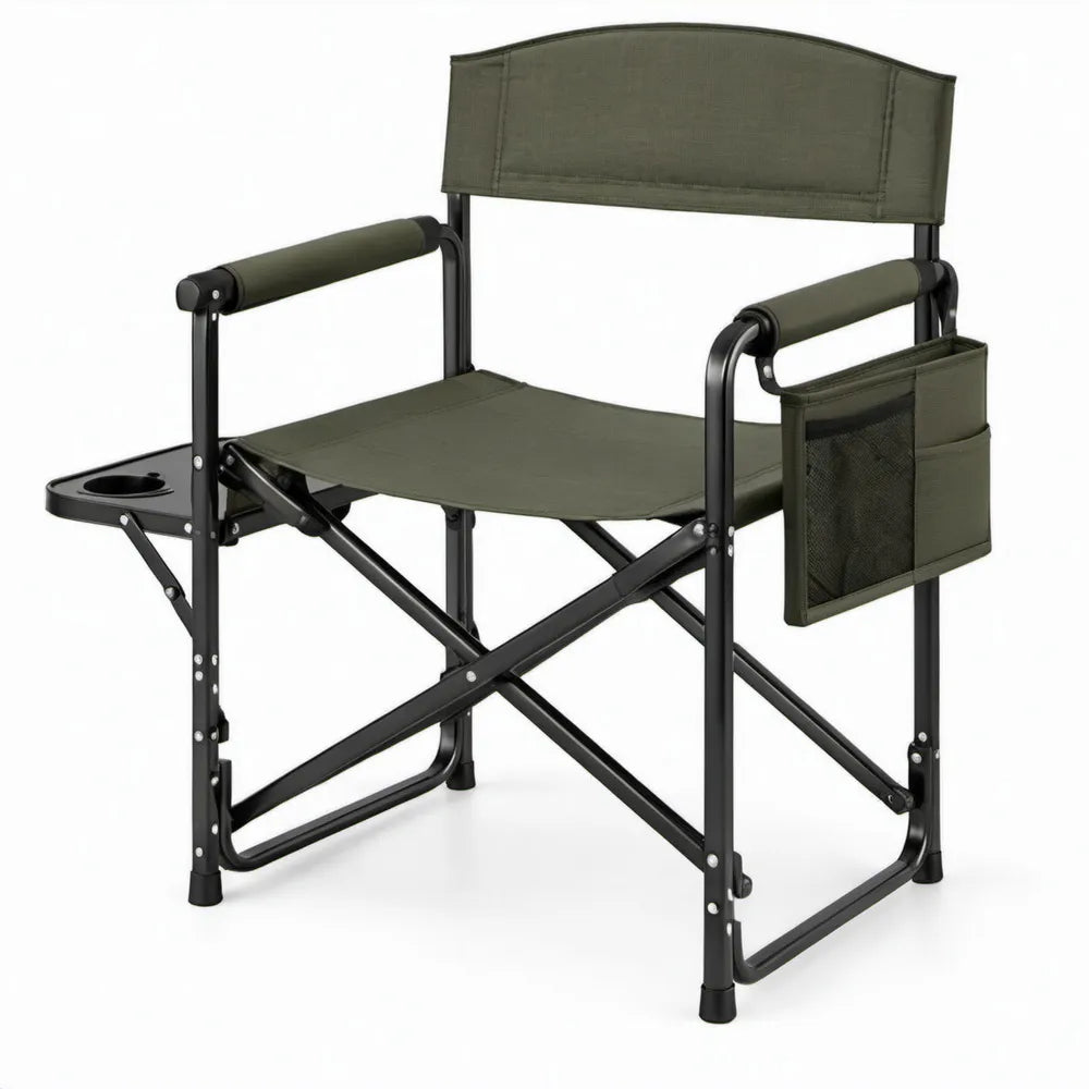 Opvouwbare campingstoel met zijtafel, bekerhouder en opbergvak, 58 x 46 x 80 cm, olijfgroen/zwart