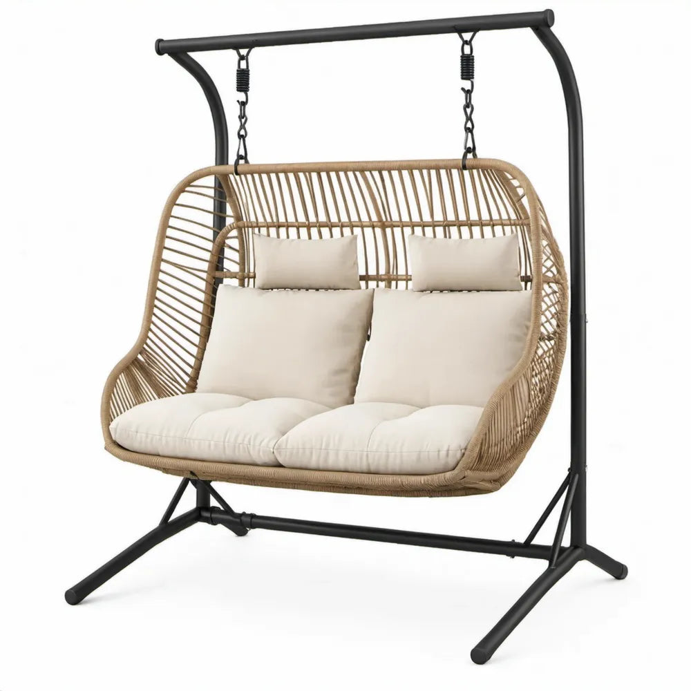 2-persoons schommel met stalen standaard, PE-rattan en kussens, 200 x 140 x 180 cm, Beige/Zwart