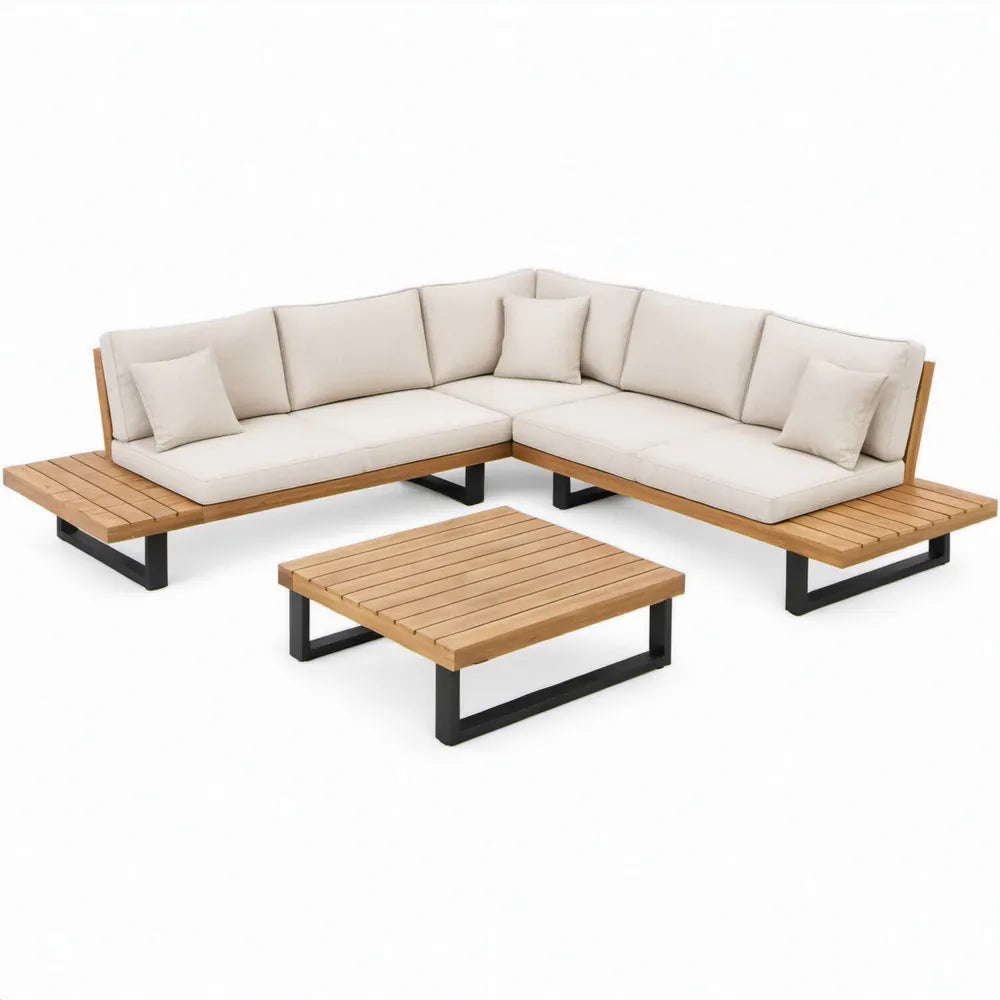 3-delige hoekloungeset met salontafel 276 x 276 cm in beige, naturel bruin en zwart