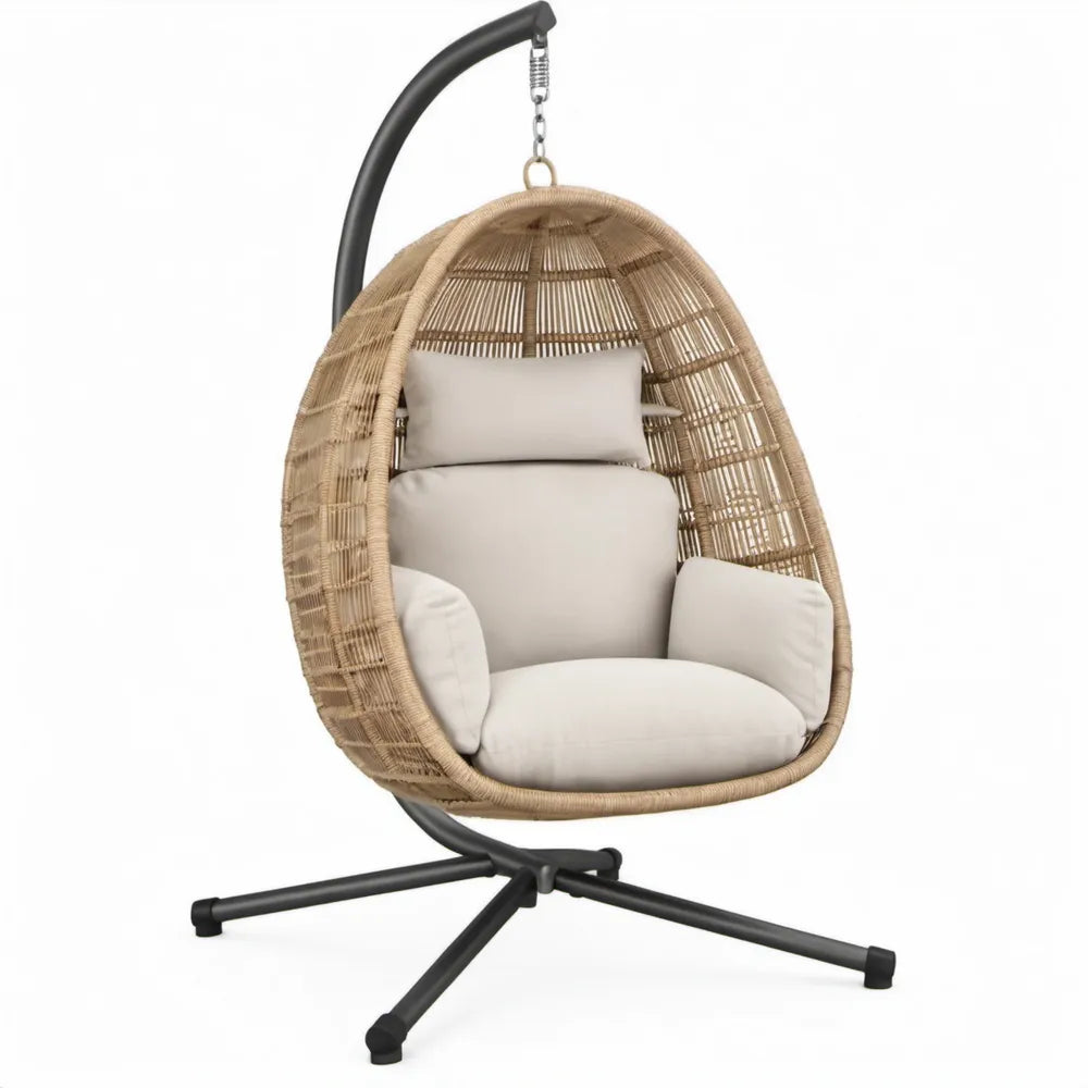 Ovale hangstoel met standaard 105 x 95 x 195 cm – Naturel, zwart en crème