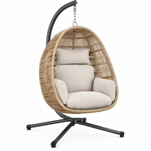 Ovale hangstoel met standaard 105 x 95 x 195 cm – Naturel, zwart en crème