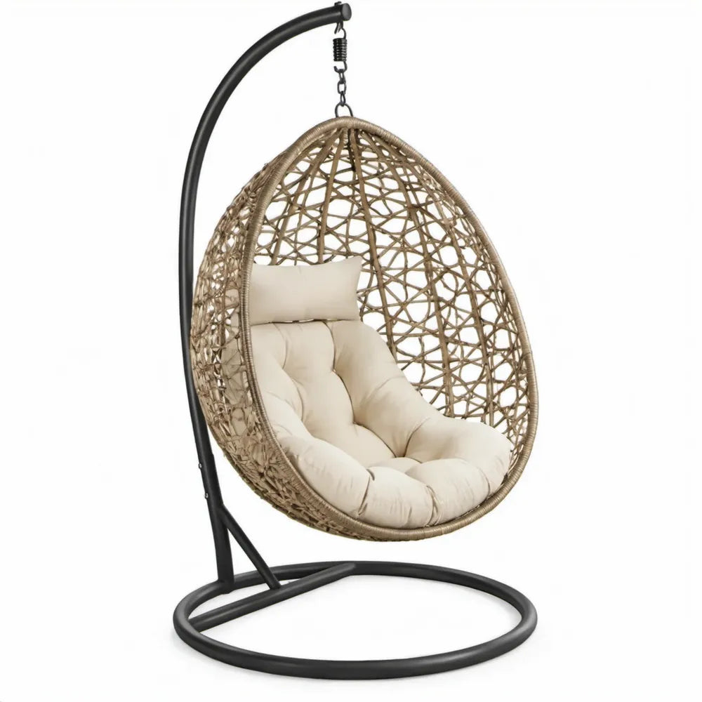 Beige/Zwarte Hangstoel met Standaard van PE-rattan en Staal, 105 x 105 x 195 cm