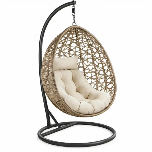 Beige/Zwarte Hangstoel met Standaard van PE-rattan en Staal, 105 x 105 x 195 cm