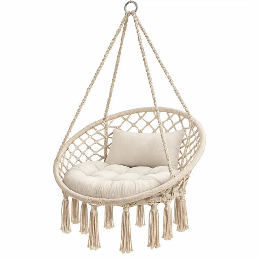 Ronde hangstoel 80 x 60 x 120 cm van crèmekleurig katoen met kussens
