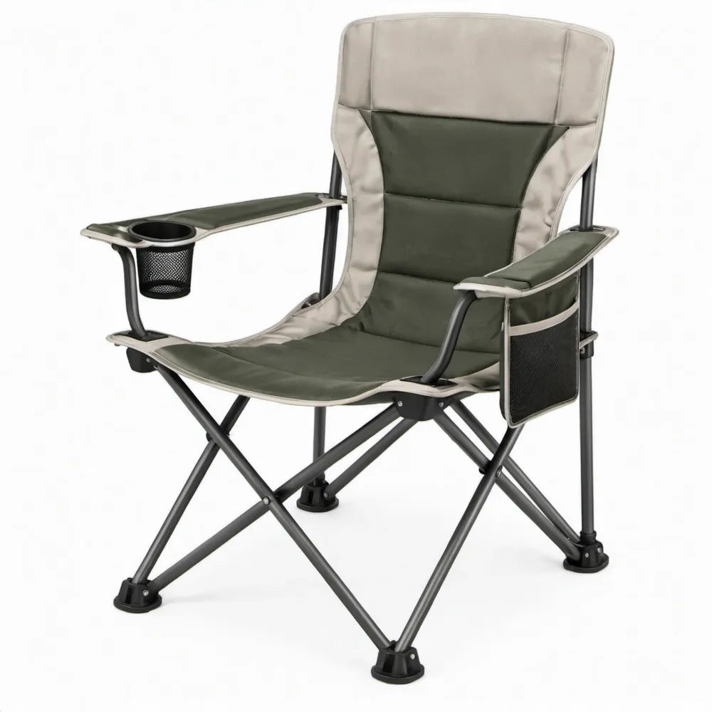 Opvouwbare campingstoel met bekerhouder en zijvak, 90 x 60 x 105 cm, Groen/Beige/Zwart