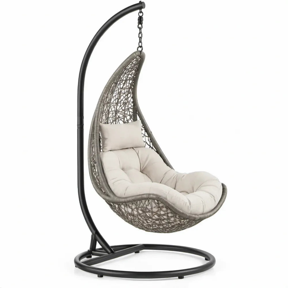 Hangstoel met standaard van PE-rattan en staal, grijs/zwart/crème, 104 x 104 x 195 cm