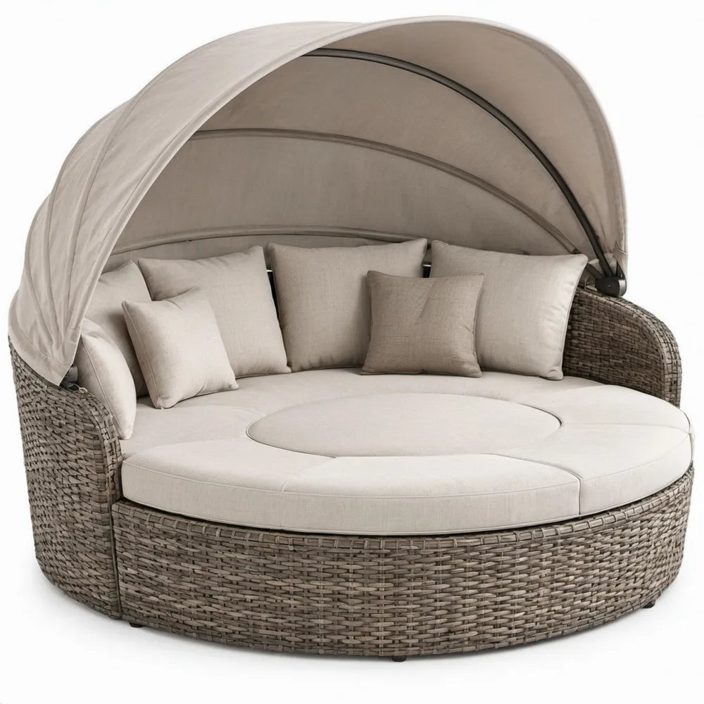 Rond buitenligbed met verstelbare zonneluifel, 180 x 150 cm, taupe/crème