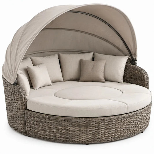 Rond buitenligbed met verstelbare zonneluifel, 180 x 150 cm, taupe/crème
