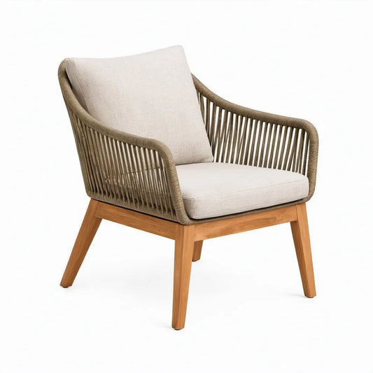 Loungestoel met armleuningen van teakhout en gevlochten polyester touw in beige en taupe, 73 x 78 x 78 cm