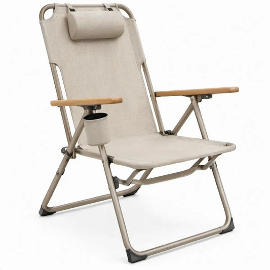 Opvouwbare verstelbare campingstoel met hoofdsteun en bekerhouder, 60 x 75 x 110 cm, beige
