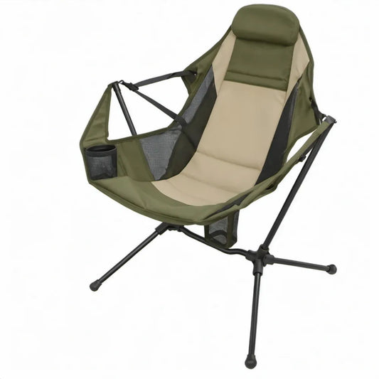Inklapbare campingstoel met hoofdsteun en bekerhouder, 80 x 80 x 95 cm, groen/beige/zwart