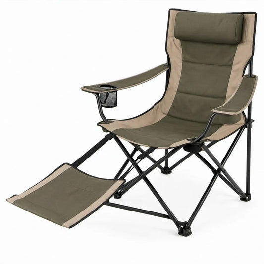 Inklapbare campingstoel met voetensteun, bekerhouder en hoofdsteun 92 x 60 x 110 cm Groen/Beige/Zwart