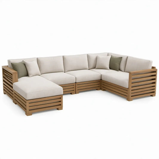 Modulaire hoekloungeset 5-zits met chaise longue, acaciahout, naturel bruin/beige/groen, 300 x 220 x 78 cm