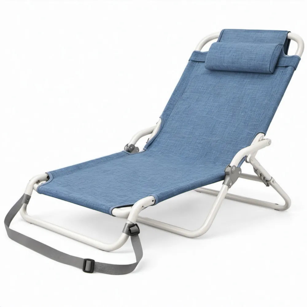 Opvouwbare verstelbare campingligstoel met hoofdkussen en draagriem, 150 x 58 x 75 cm, blauw